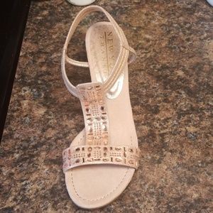 Crystal studded cutout t strap wedges!